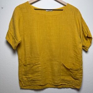 Francesca Bettini Women 100% Linen Top Small Yellow Short Sleeve Pocket Lagen